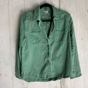 Gold Studded Olive Green Army Button Up Jacket